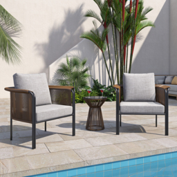 3Pcs Modern Coffee Rattan Outdoor Sofa Set with Glass Top Coffee Table and Gray Cushion - thumbnail 2