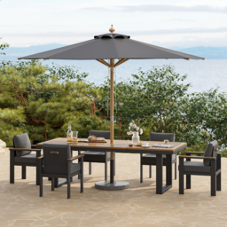 Tevara 8-Piece Rectangular Wood & Aluminium Outdoor Dining Set with Pillar Umbrella