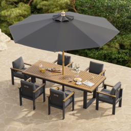 Tevara 8-Piece Rectangular Wood & Aluminium Outdoor Dining Set with Pillar Umbrella - thumbnail 2