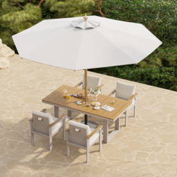 Tevara 6-Piece Rectangular Wood and Aluminium Outdoor Dining Set with Pillar Umbrella