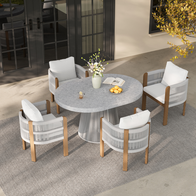 5 PCS Extendable Patio Outdoor Dining Set with 4 Chairs Exterior Furniture for 4 Person in White Cushion & Pillow Included - image 1