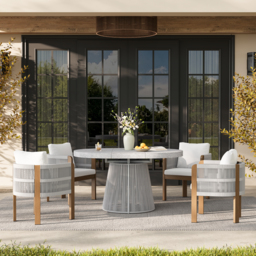 5 PCS Extendable Patio Outdoor Dining Set with 4 Chairs Exterior Furniture for 4 Person in White Cushion & Pillow Included - thumbnail 2