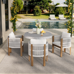 5 PCS Extendable Patio Outdoor Dining Set with 4 Chairs Exterior Furniture for 4 Person in White Cushion & Pillow Included - thumbnail 4