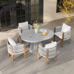 5 PCS Extendable Patio Outdoor Dining Set with 4 Chairs Exterior Furniture for 4 Person in White Cushion & Pillow Included