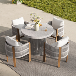 5 PCS Extendable Patio Outdoor Dining Set with 4 Chairs Exterior Furniture for 4 Person in White Cushion & Pillow Included - thumbnail 5