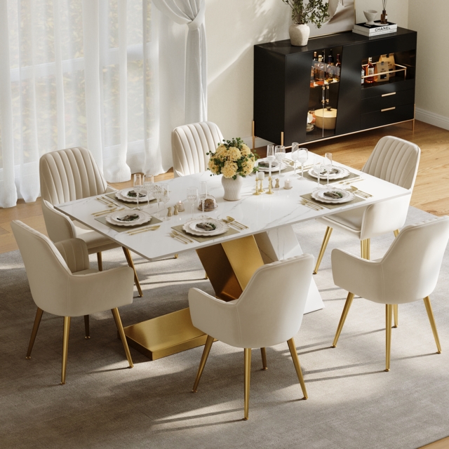 "Dining Set 71"" Modern Rectangle Sintered Stone Dining Table with 6 Chairs" - image 1