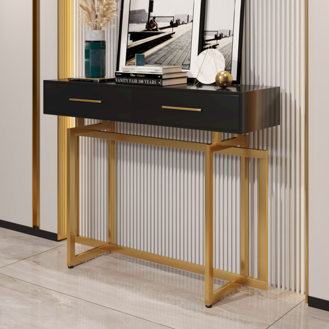 1000mm Modern Narrow Black Console Table with Storage Drawers and Metal Legs in Gold - image 1
