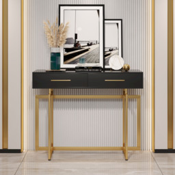 1000mm Modern Narrow Black Console Table with Storage Drawers and Metal Legs in Gold - thumbnail 2