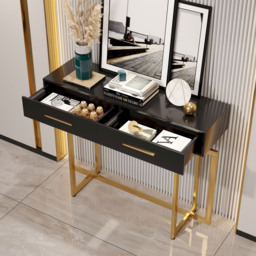 1000mm Modern Narrow Black Console Table with Storage Drawers and Metal Legs in Gold - thumbnail 4