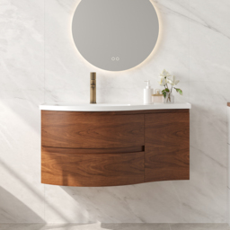 900mm Floating Curved Bathroom Vanity Set of 2 Half-Circle Bathroom Cabinet Walnut - thumbnail 2