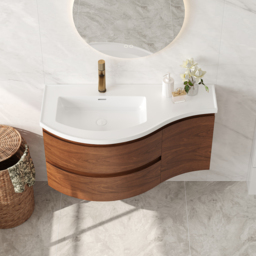 900mm Floating Curved Bathroom Vanity Set of 2 Half-Circle Bathroom Cabinet Walnut - thumbnail 3