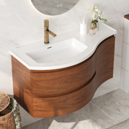 900mm Floating Curved Bathroom Vanity Set of 2 Half-Circle Bathroom Cabinet Walnut - thumbnail 5