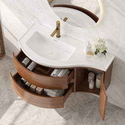 900mm Floating Curved Bathroom Vanity Set of 2 Half-Circle Bathroom Cabinet Walnut - thumbnail 6