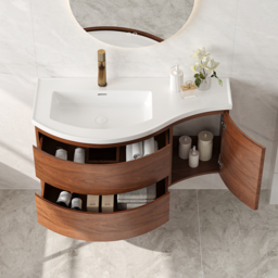 900mm Floating Curved Bathroom Vanity Set of 2 Half-Circle Bathroom Cabinet Walnut - thumbnail 7