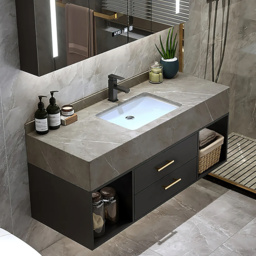 "40"" Floating Bathroom Vanity with Sintered Stone Vessel Sink Black and Gray" - thumbnail 2
