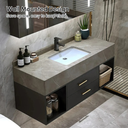 "40"" Floating Bathroom Vanity with Sintered Stone Vessel Sink Black and Gray" - thumbnail 6