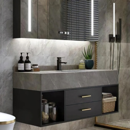 "40"" Floating Bathroom Vanity with Sintered Stone Vessel Sink Black and Gray" - thumbnail 1