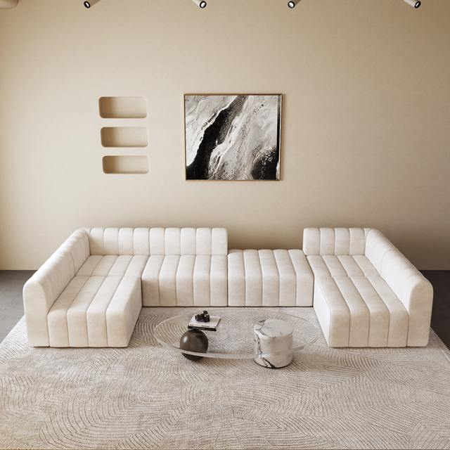 3020mm Modern Off White Velvet Modular Pit Sectional Sofa Set Convertible 6-Seater Upholstered - image 1