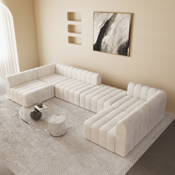 3020mm Modern Off White Velvet Modular Pit Sectional Sofa Set Convertible 6-Seater Upholstered - thumbnail 2