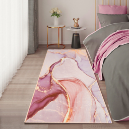 600mm x 2400mm Pink and Gold Abstract Modern Runner Rug Kitchen & Hallway Carpet with Flowing Pattern - thumbnail 1