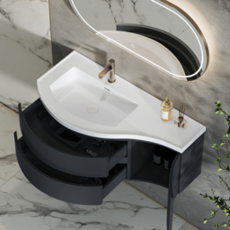 90 cm Floating Curved Bathroom Vanity Half-Circle Bathroom Cabinet Black - thumbnail 2