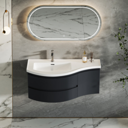 90 cm Floating Curved Bathroom Vanity Half-Circle Bathroom Cabinet Black - thumbnail 6