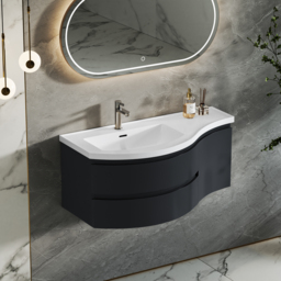 90 cm Floating Curved Bathroom Vanity Half-Circle Bathroom Cabinet Black - thumbnail 7