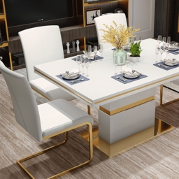 Modern Minimalist Dining Chairs Upholstered PU Leather White Gold Metal Base Set of 2 Dining Room Chairs - thumbnail 2