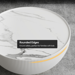 Round Sintered Stone Top Drum Coffee Table with Beige PU Leather Around and Stainless Steel Base - thumbnail 8