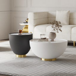 Round Sintered Stone Top Drum Coffee Table with Beige PU Leather Around and Stainless Steel Base - thumbnail 3
