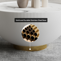 Round Sintered Stone Top Drum Coffee Table with Beige PU Leather Around and Stainless Steel Base - thumbnail 9