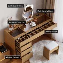 Modern Dressing Table with Chair with Lighted Vanity Mirror & Charging Station & Jewellery Storage Dressing Table - thumbnail 3