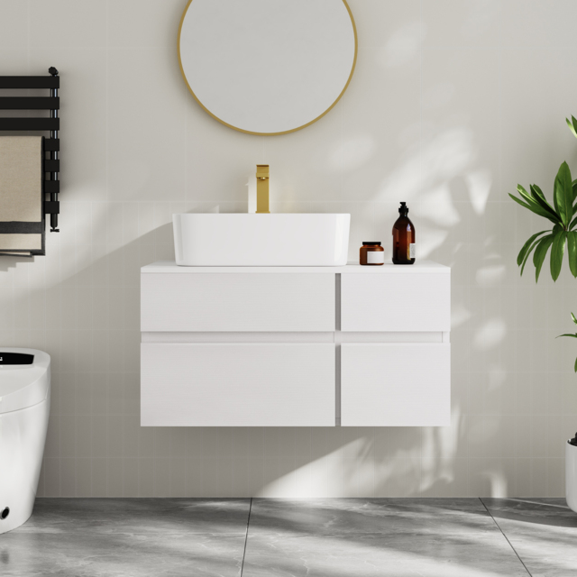 800mm Floating Wall-mounted Bathroom Vanity Faux Marble Top with Ceramic Vessel Sink White - image 1