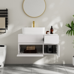 800mm Floating Wall-mounted Bathroom Vanity Faux Marble Top with Ceramic Vessel Sink White - thumbnail 3