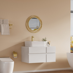 800mm Floating Wall-mounted Bathroom Vanity Faux Marble Top with Ceramic Vessel Sink White - thumbnail 4
