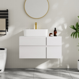800mm Floating Wall-mounted Bathroom Vanity Faux Marble Top with Ceramic Vessel Sink White