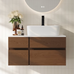 800mm Walnut Floating Bathroom Vanity Right Offset Ceramic Vessel Sink