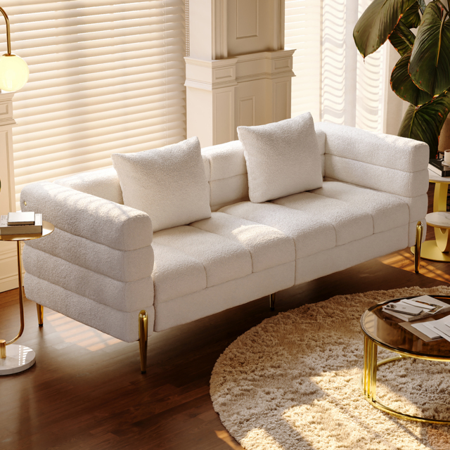 Homary 200 cm Modern White Boucle Upholstered Fluted 3 Seater Sofa for Living Room with Pillow - image 1