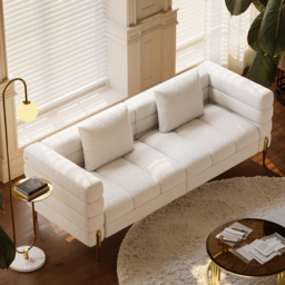 Homary 200 cm Modern White Boucle Upholstered Fluted 3 Seater Sofa for Living Room with Pillow - thumbnail 5