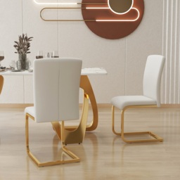 Modern Minimalist Dining Chairs Upholstered PU Leather White Gold Metal Base Dining Room Chairs 8-Pieces - thumbnail 3