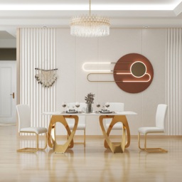 Modern Minimalist Dining Chairs Upholstered PU Leather White Gold Metal Base Dining Room Chairs 8-Pieces - thumbnail 2