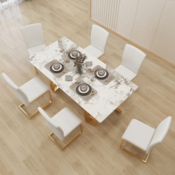 Modern Minimalist Dining Chairs Upholstered PU Leather White Gold Metal Base Dining Room Chairs 8-Pieces