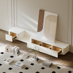 274 cm Off White Modern Wood Extendable TV unit with 4 Drawer Retracted Cream Media Console - thumbnail 6
