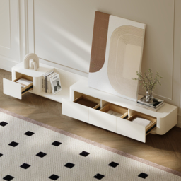 274 cm Off White Modern Wood Extendable TV unit with 4 Drawer Retracted Cream Media Console - thumbnail 5