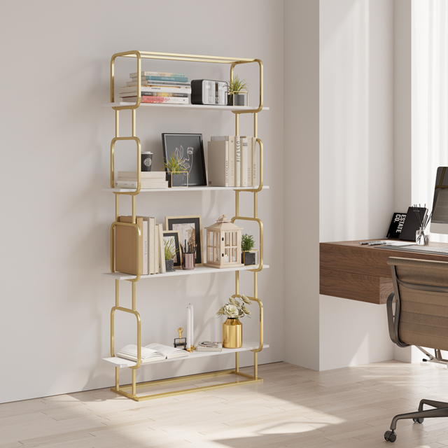 "1800mm Modern White Tall Freestanding Wooden Office 4 Shelves Etagere Bookcase in Gold "