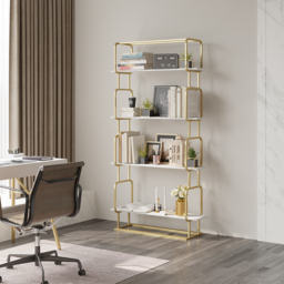 "1800mm Modern White Tall Freestanding Wooden Office 4 Shelves Etagere Bookcase in Gold " - thumbnail 4