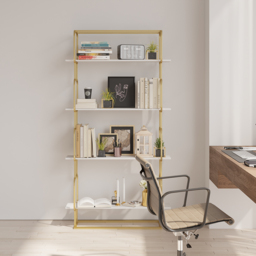 "1800mm Modern White Tall Freestanding Wooden Office 4 Shelves Etagere Bookcase in Gold " - thumbnail 2