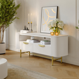 1300mm Small TV Stand with Sintered Stone Top White Media Console with Storage - thumbnail 2