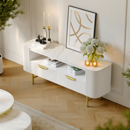 1300mm Small TV Stand with Sintered Stone Top White Media Console with Storage - thumbnail 3