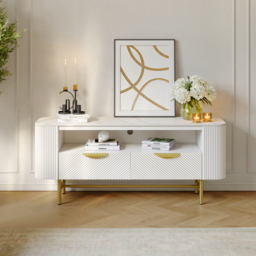 1300mm Small TV Stand with Sintered Stone Top White Media Console with Storage - thumbnail 1